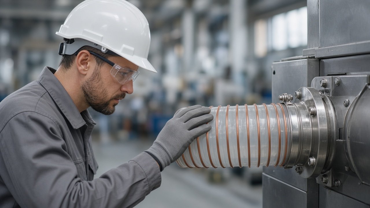 Engenheiro inspecionando duto flexível de poliuretano com espiral de aço em linha de produção industrial