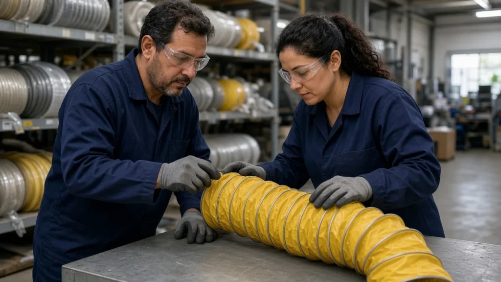 Técnicos inspecionando duto flexível amarelo na fábrica